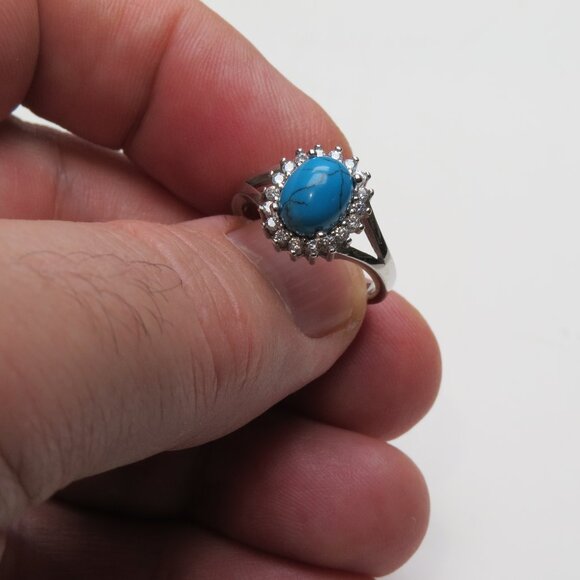 *925 Sterling Silver Diamond Turquoise Ring